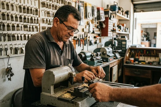 Chaveiro copiando chaves em uma máquina no Crato.