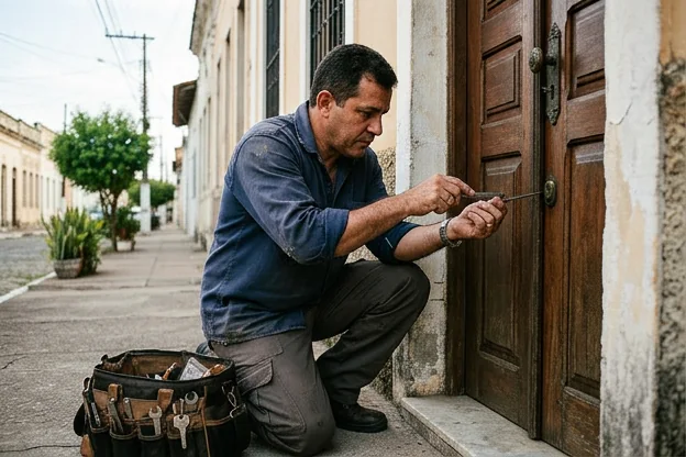 Chaveiro usando ferramentas para abrir portas no Crato.